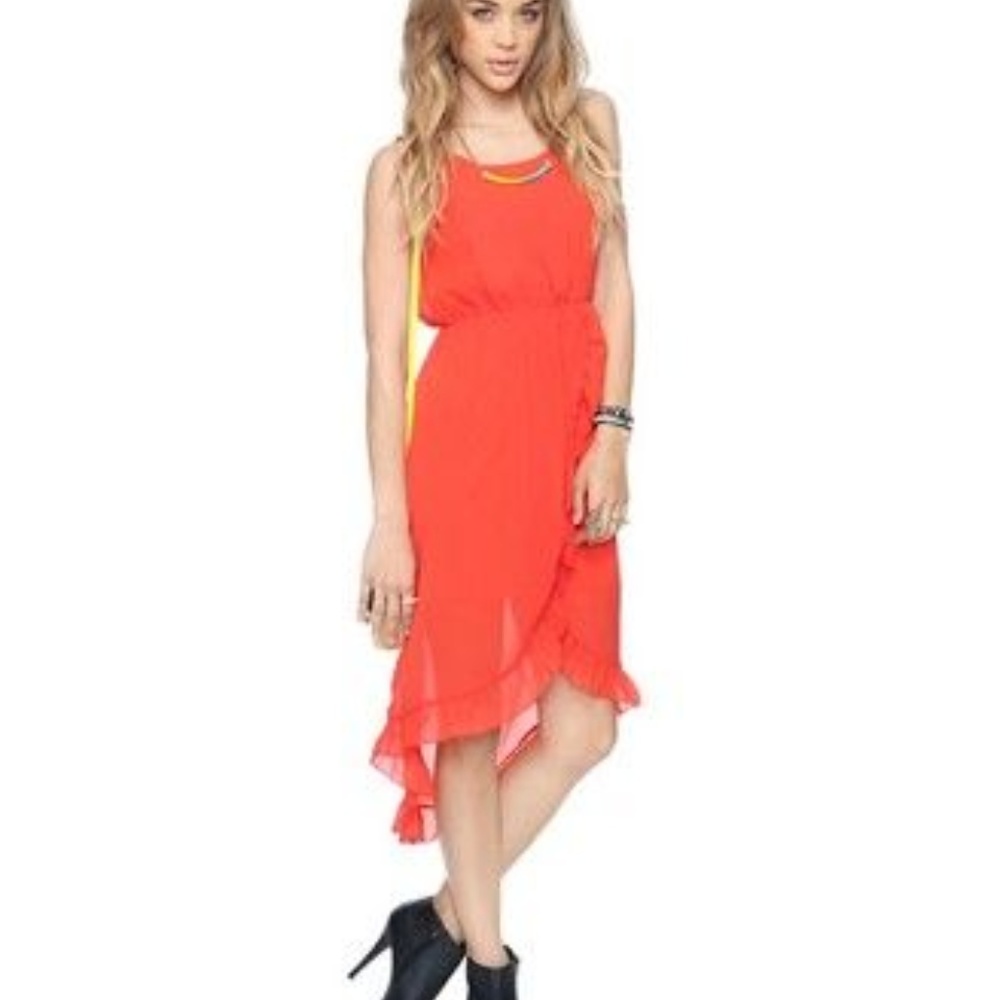 Blood Orange Flowy Chiffon High Low Ruffle Tulip Midi Dress | Size S
